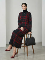 Women’s Loose Red & Black Plaid High-Collar Maxi Dresses
