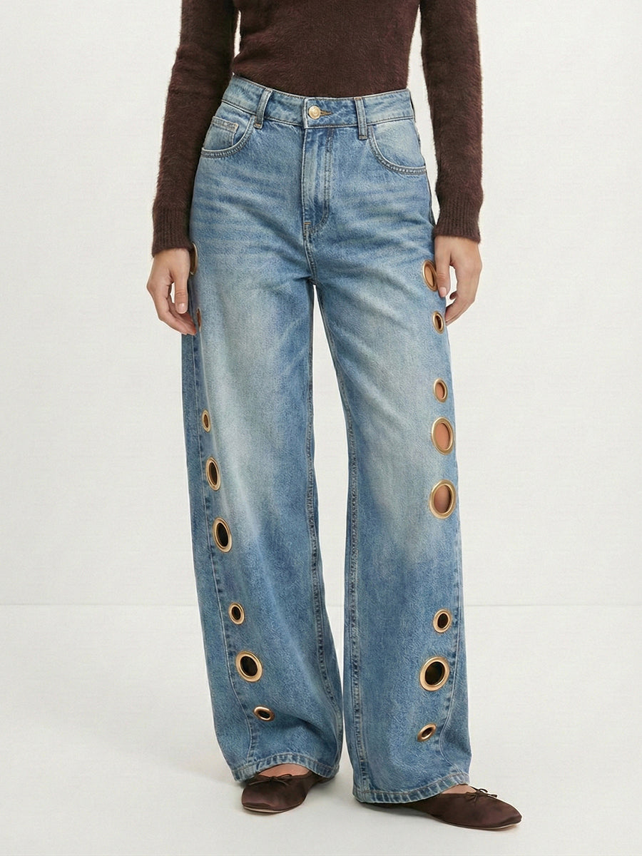 Women’s High-Waisted Wide-Leg Jeans with Side Grommet Details