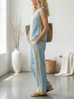 Women's Round Neck Sleeveless Casual Loose Top And High-waisted Loose Wide-leg Pants Cotton And Linen Set