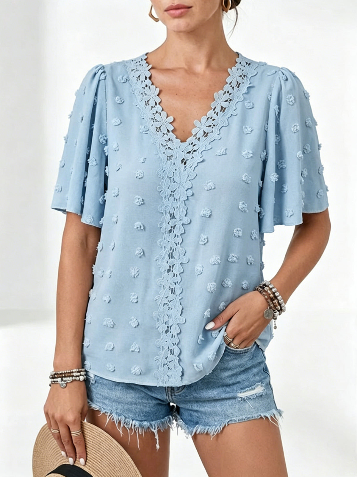 Stylish & Elegant V-neck Swiss Dot Blouse With Lace Trim — Short-sleeve Casual Top