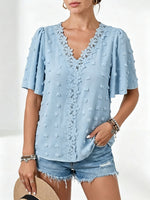 Stylish & Elegant V-neck Swiss Dot Blouse With Lace Trim — Short-sleeve Casual Top