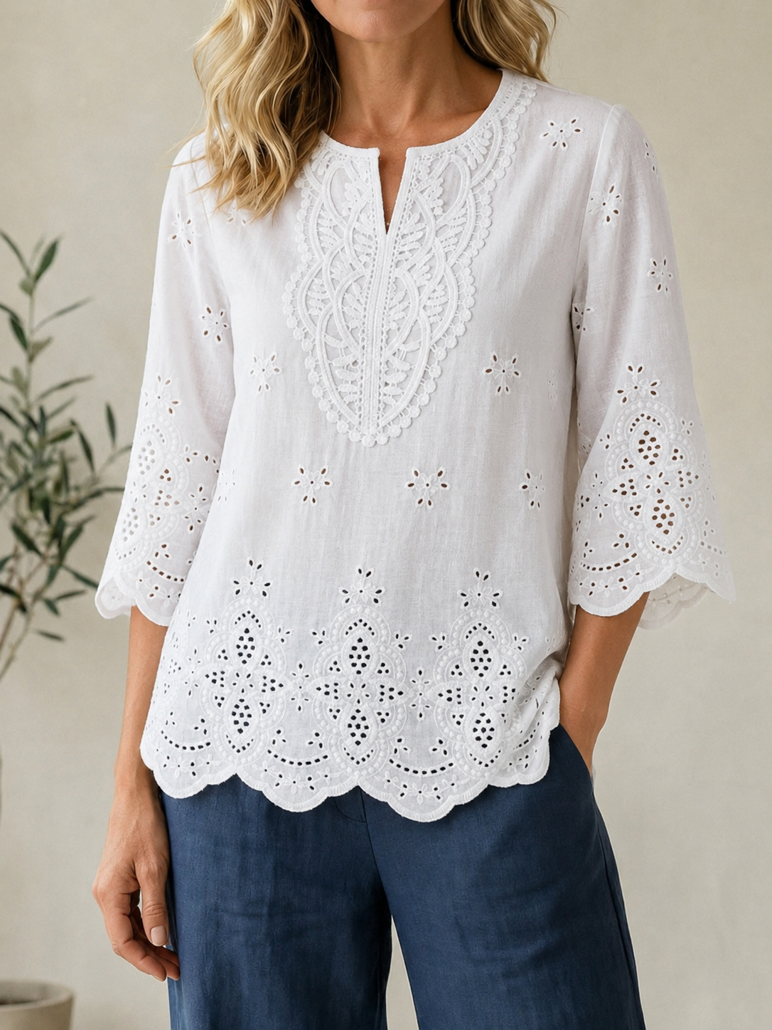Openwork Embroidered V-neck Shirt With Three-quarter Sleeves And Lace Hem