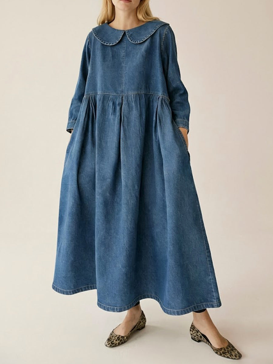 Women's Peter Pan Collar Long-sleeved Loose-fitting Casual Denim Dress
