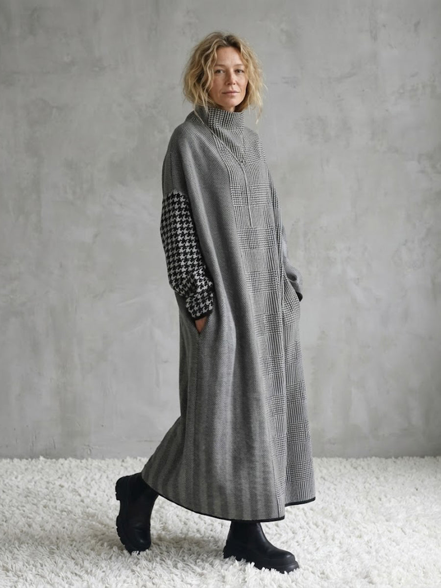 Loose-fit long-line houndstooth knit dress