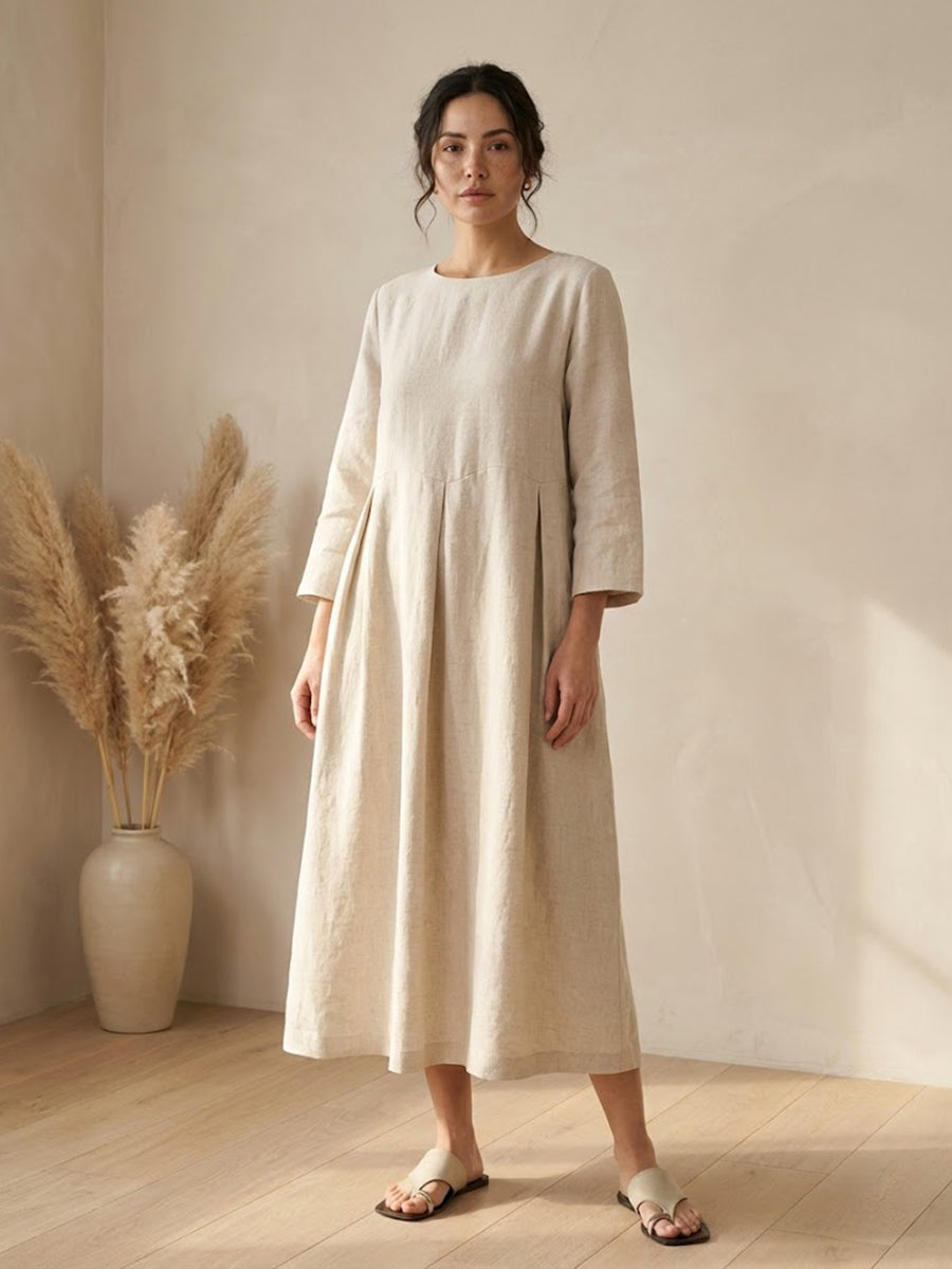 Womens Linen Bateau Neck Pleated Maxi Dress