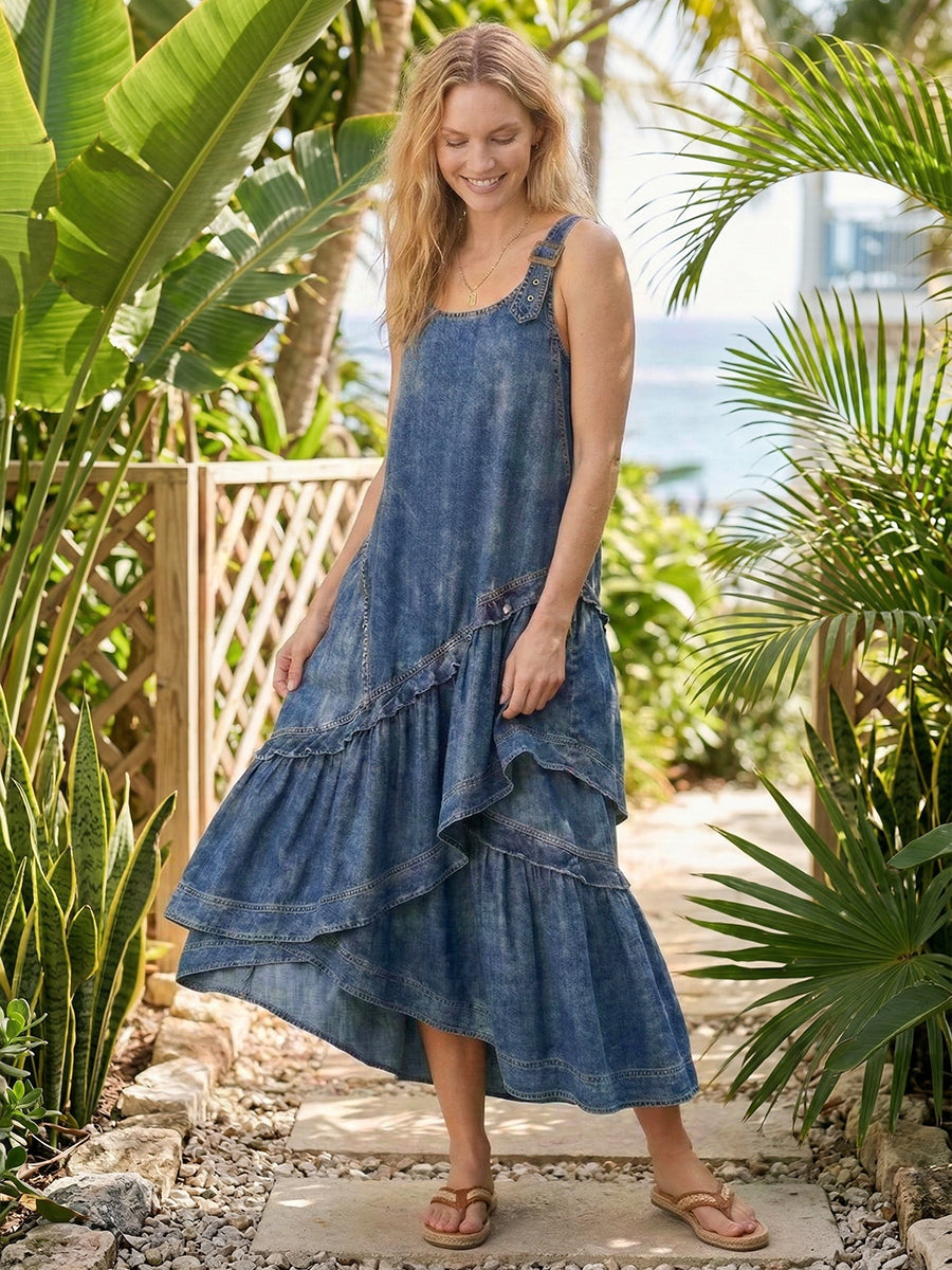 Women's Fashion Design Sleeveless Multi-layered Ruffled Strap Dress