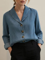 Fiorachic Women‘s Vintage Shawl Collar Button-up Denim Cotton Top