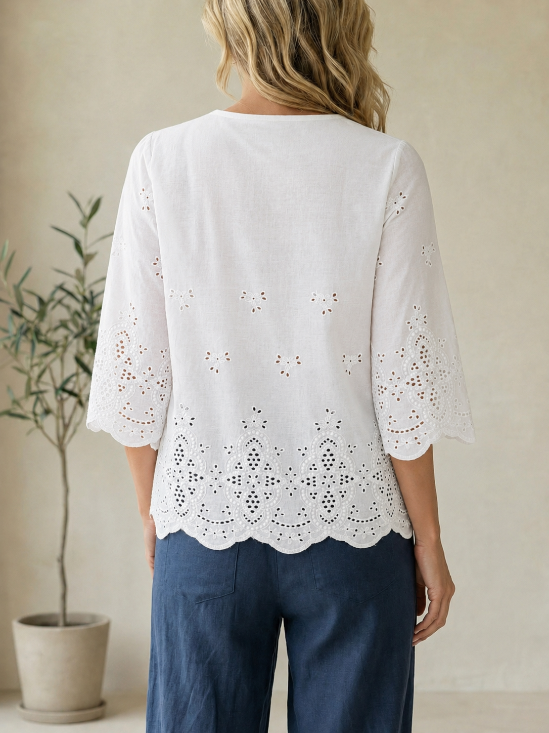 Openwork Embroidered V-neck Shirt With Three-quarter Sleeves And Lace Hem