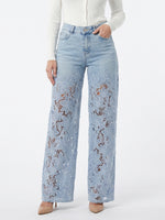 Women's High-Waisted Lace Patchwork Flowy Wide-Leg Denim Pants