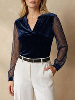 Women's V-Neck Lace-Panel Long-Sleeve Velvet Top