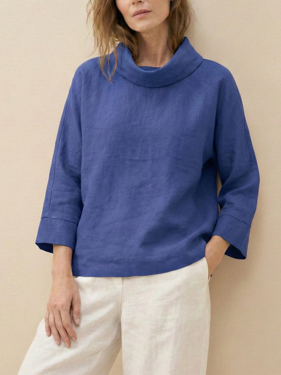 Linen Dropped Collar Long-Sleeve Top