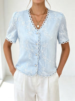 Light Blue Floral Embroidered Lace Trim V-neck Blouse
