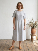 Womens Linen Pinstripe Paneled Short-Sleeved Dress