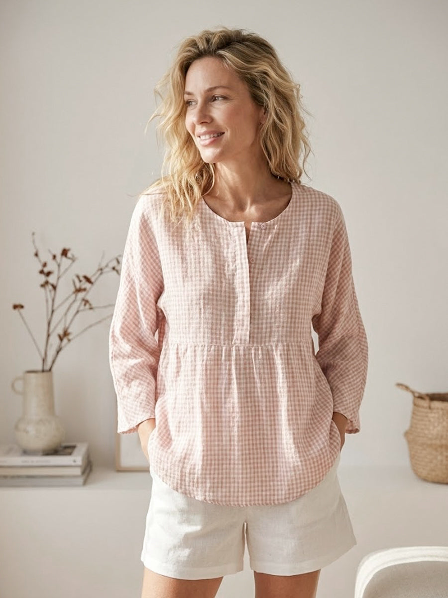 Linen Checked Long-Sleeved Top