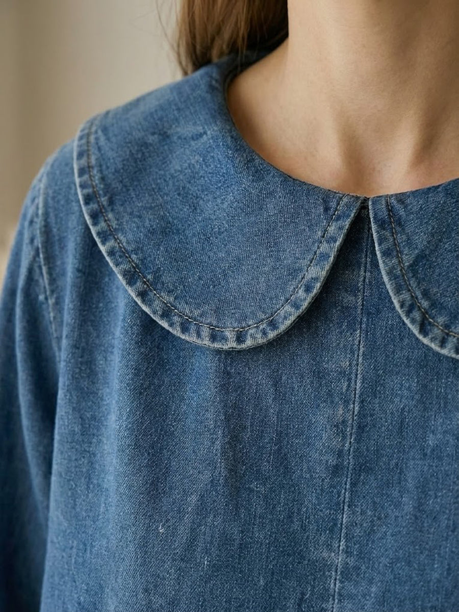 Peter Pan Collar Long-sleeved Loose-fitting Casual Denim Dress Women