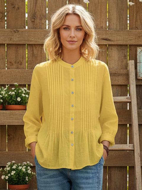 Women’s Casual Cotton And Linen Pleated Shirt YELLOW / 2XL
