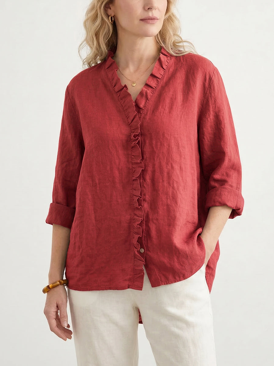 Women's Casual Cotton And Linen Ruffle Shirt