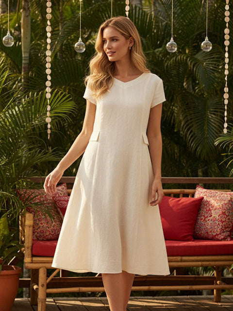 Linen Natural Summer V-Neck Dress Ivory / 5xl