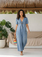 Women's Casual Loose Short-sleeved V-neck Denim Jumpsuit