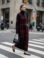 Women’s Loose Red & Black Plaid High-Collar Maxi Dresses