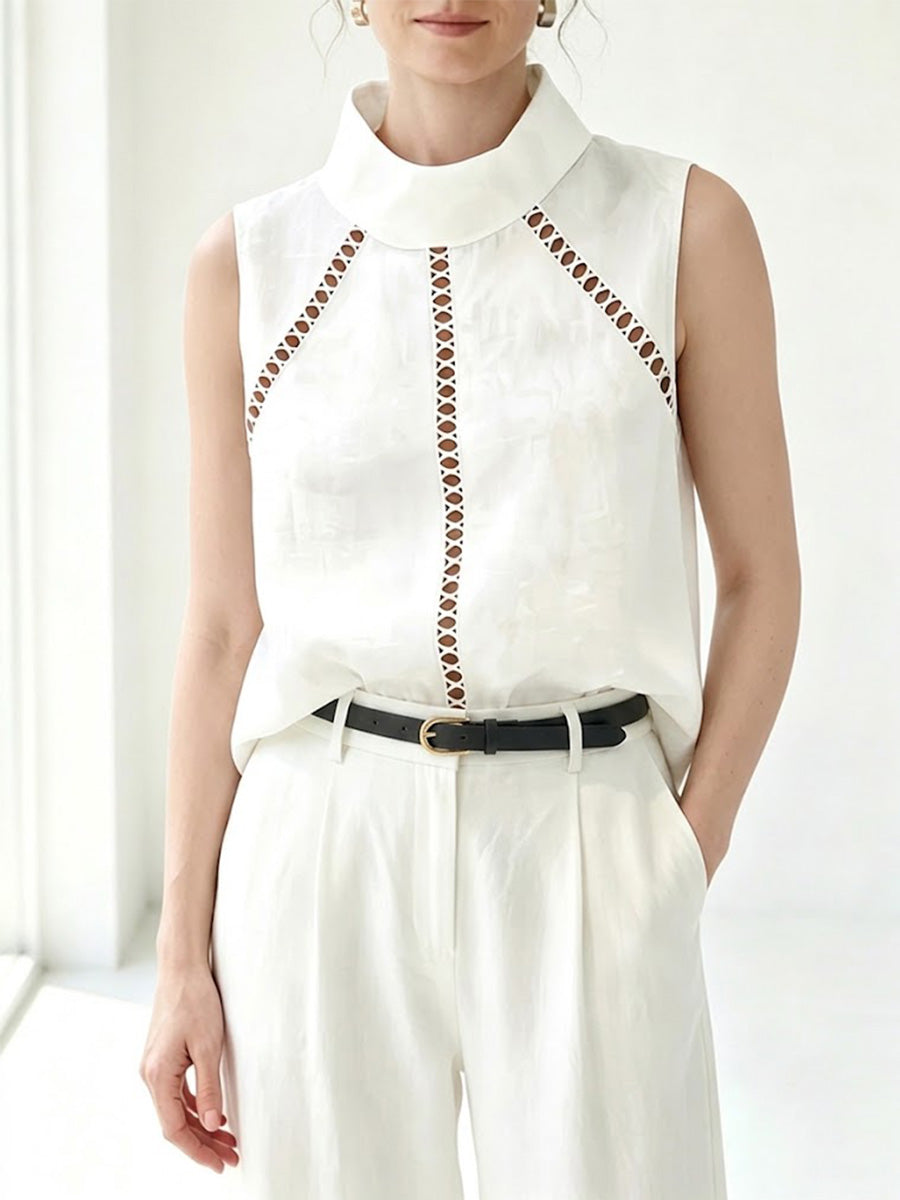 White Linen Cotton Sleeveless Blouse With Eyelet Cutout Details