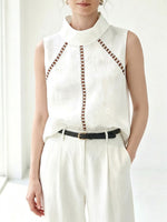 White Linen Cotton Sleeveless Blouse With Eyelet Cutout Details