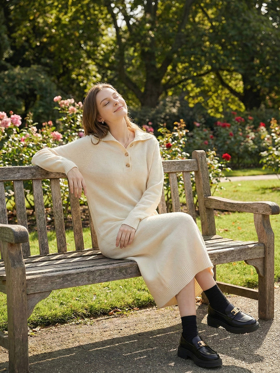 Spring Collared Button Loose Knit Sweater Dress