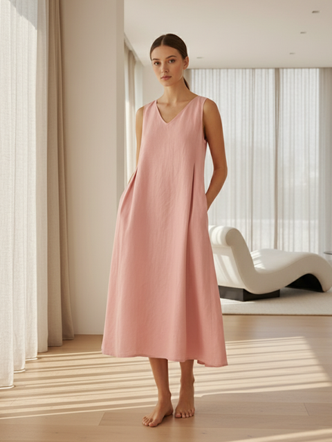 Linen Sleeveless A-Line Maxi Dress