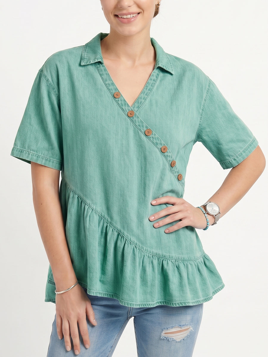 Women's Vintage Casual Ruffles Denim Short Sleeve Shirt