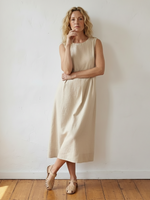 Linen Sleeveless Shoulder Button Midi Dress