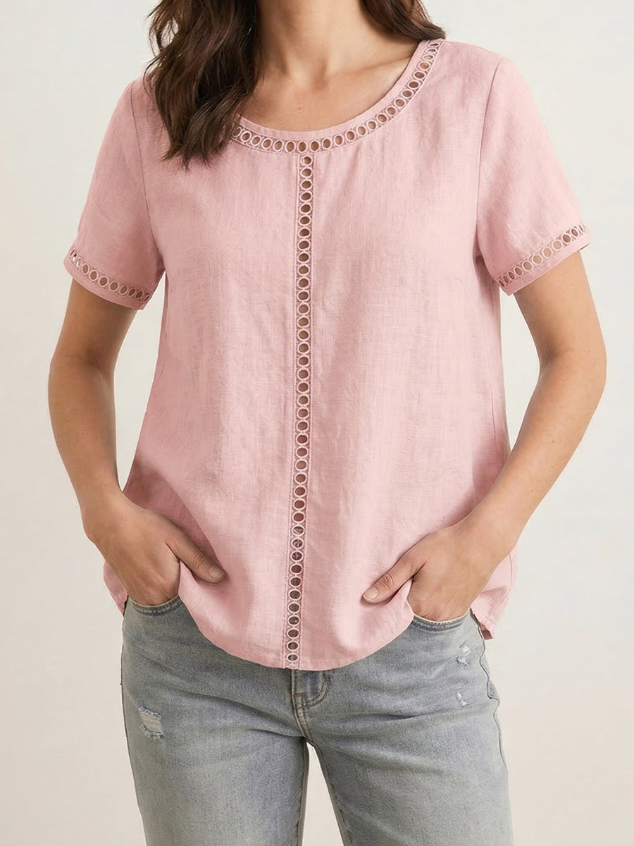 Cozy And Casual Patchwork Linen And Cotton Top With Openwork Weave