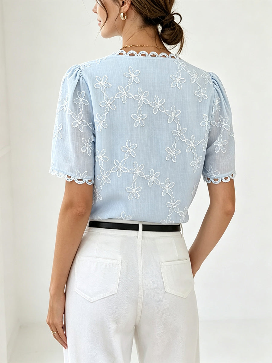Light Blue Floral Embroidered Lace Trim V-neck Blouse