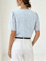 Light Blue Floral Embroidered Lace Trim V-neck Blouse