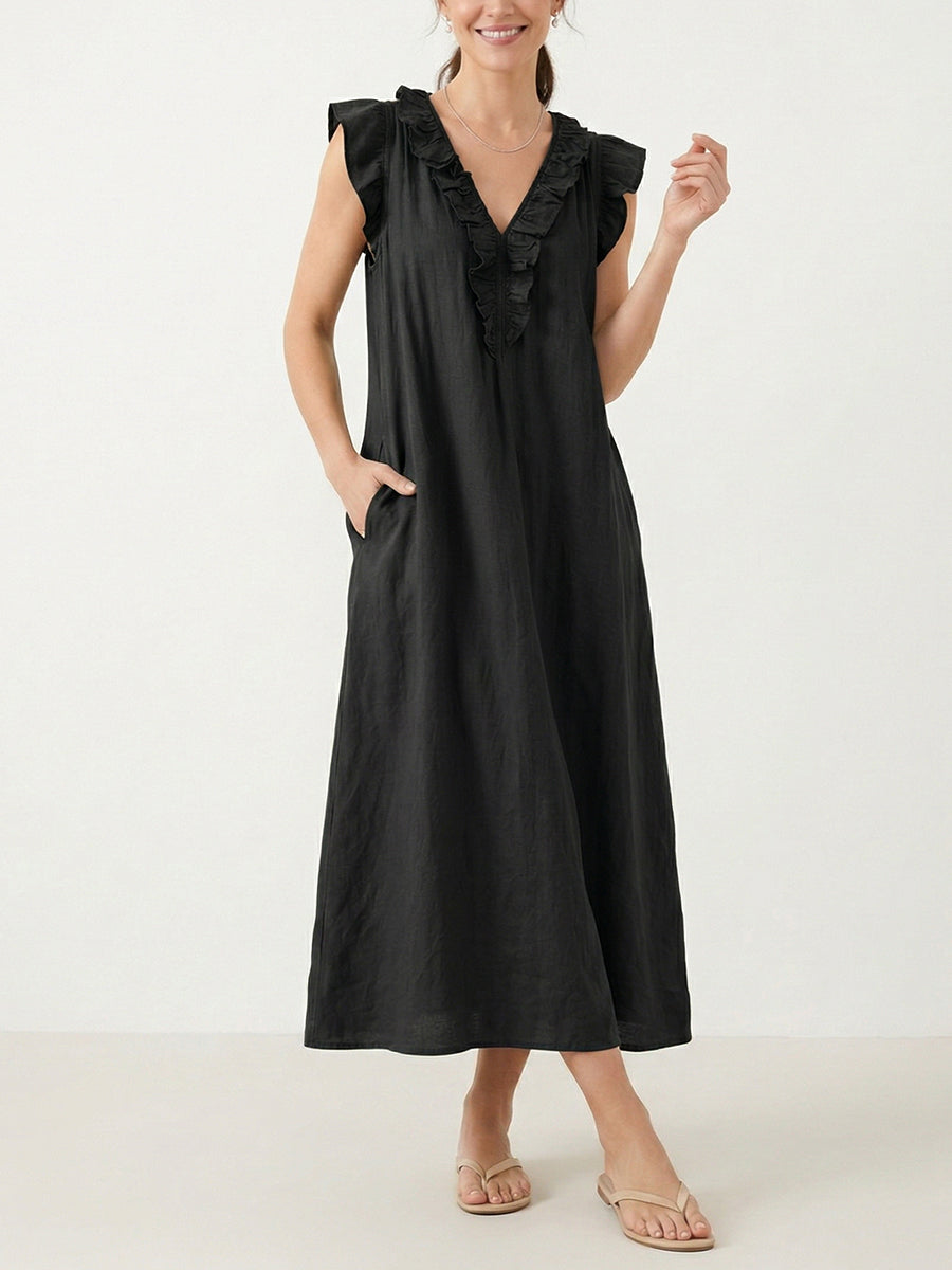 Women's Solid Color Ruffled Art Casual Fashion Cozy Cotton Linen Dress