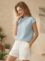 Linen Cap Sleeve Soft-Fold Collar Top