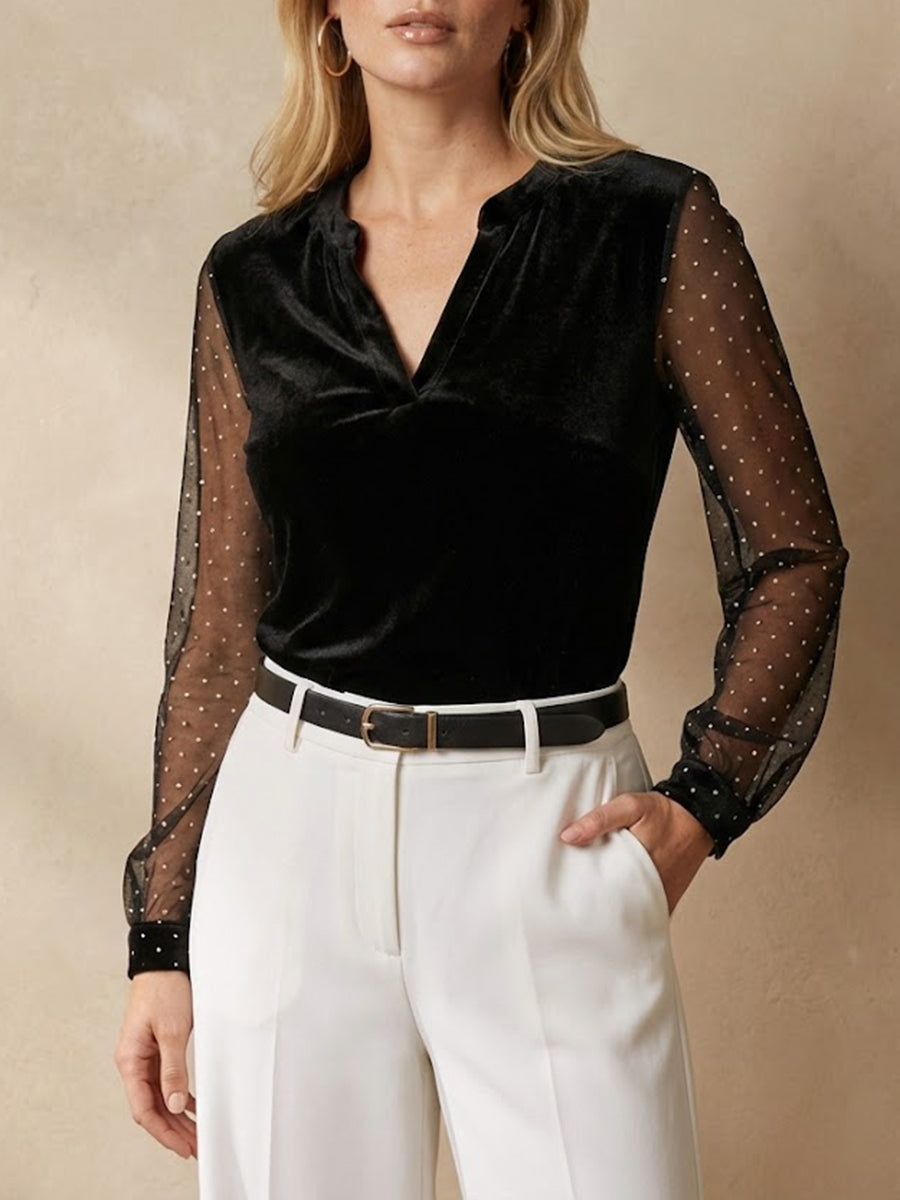 Women's V-Neck Lace-Panel Long-Sleeve Velvet Top