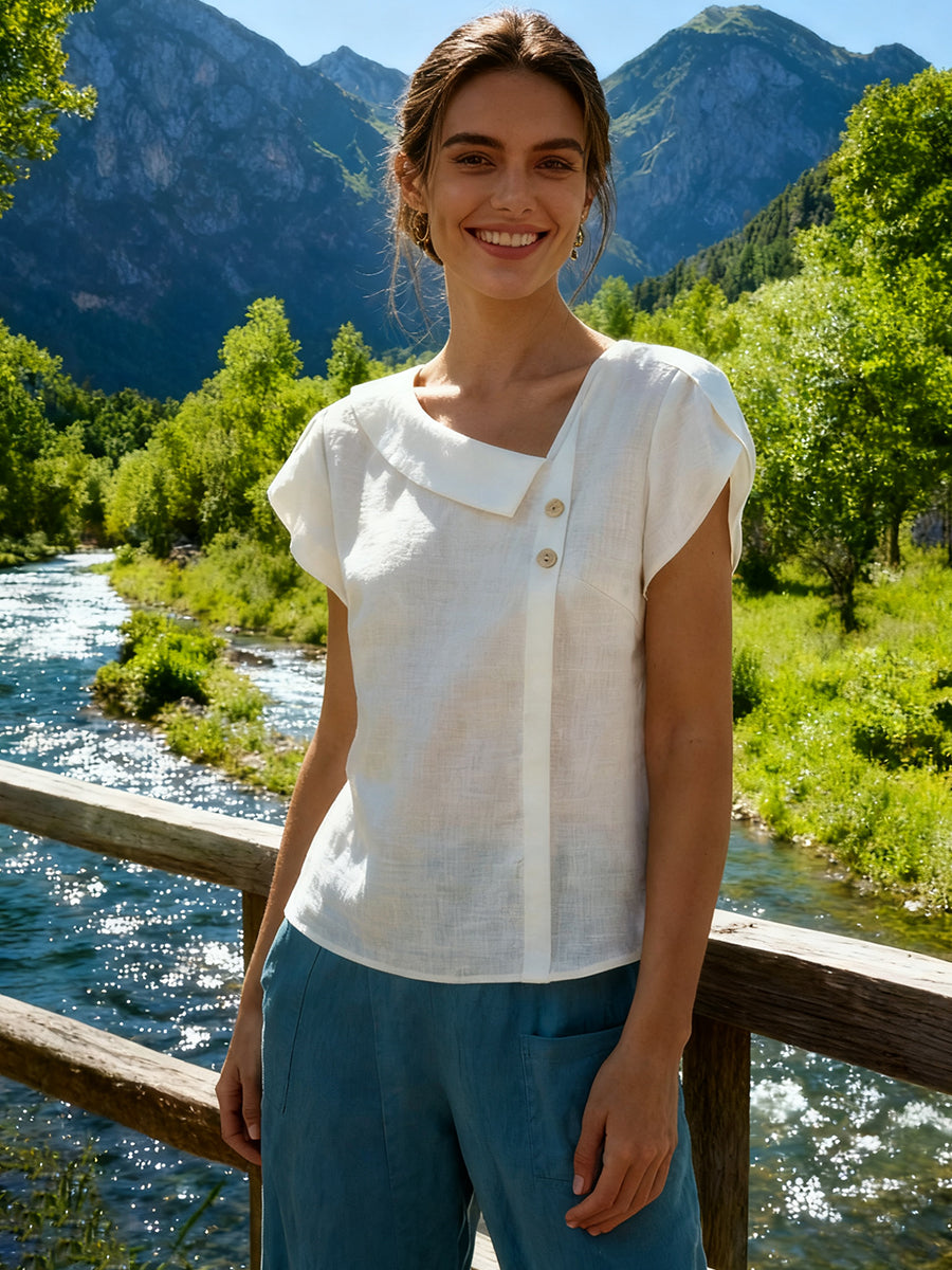 Linen Crescentt Collar Flutter Sleeve Top White / S