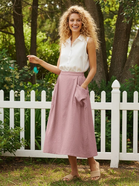 Linen Checked Elastic Waist Skirt Pink / S