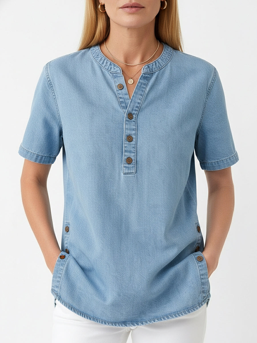 Women's Loose Denim Top - V Neck Short Sleeve Casual Button Up Cotton Blouse