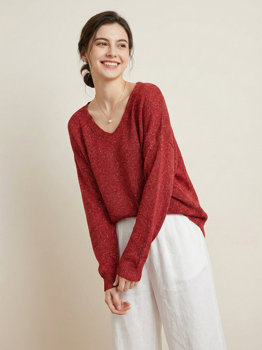 Women's V-neck Solid Color Loose Shiny Sweater