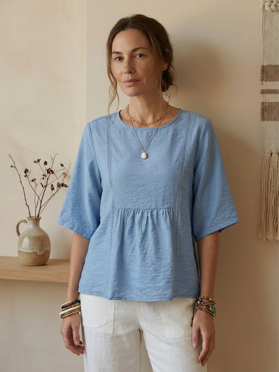 Women's Solid-color Cotton-linen Casual Mid-sleeve Shirt With Lace Cutout Details