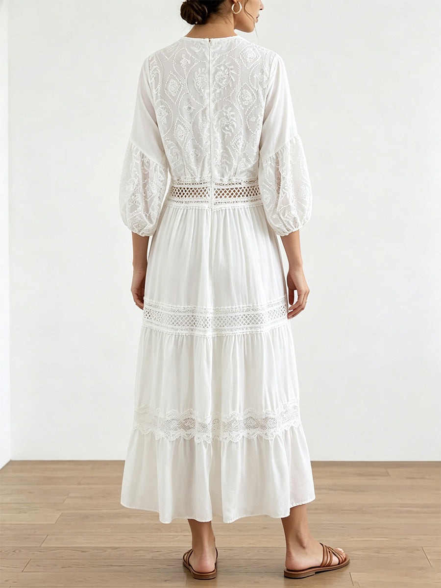 Mid-sleeve Openwork Embroidered Dress