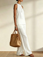 Retro & Comfortable Two-piece Set: Sleeveless Top With Openwork Lace And Wide-leg Pants