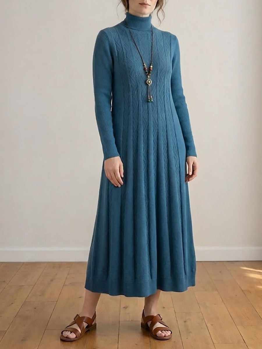 Womens Mid-Collar Loose-Fit A-Line Maxi Wool Dress with Knee-Length Hem