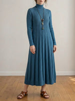 Womens Mid-Collar Loose-Fit A-Line Maxi Wool Dress with Knee-Length Hem