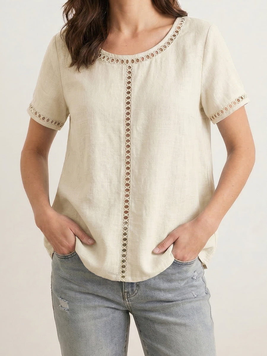Cozy And Casual Patchwork Linen And Cotton Top With Openwork Weave