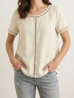 Cozy And Casual Patchwork Linen And Cotton Top With Openwork Weave