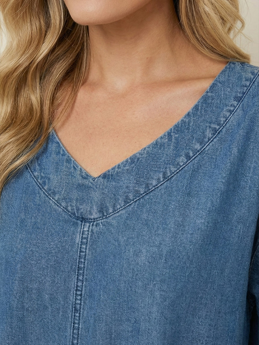 Women's Casual Washed Denim V-Neck Tunic Top