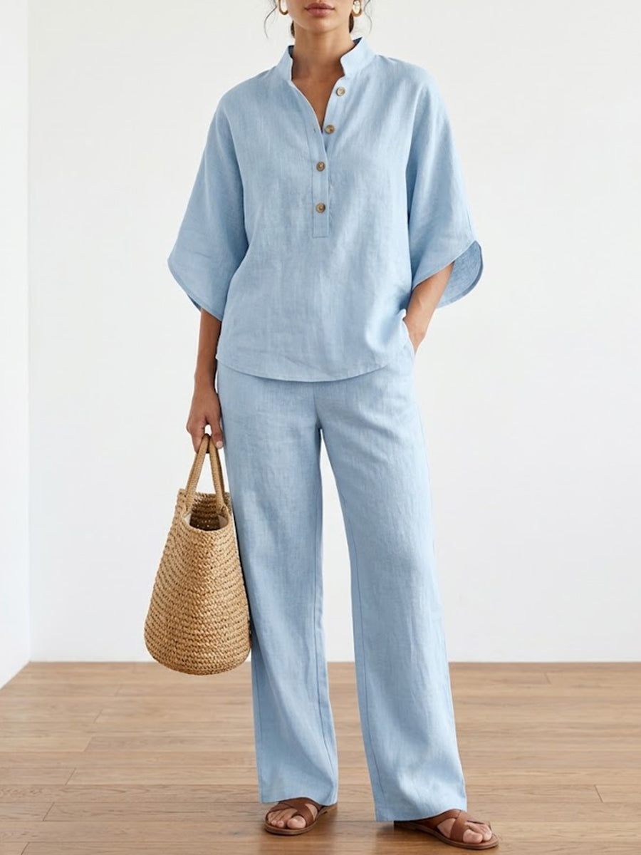 Women's Casual Batwing Sleeve Linen And Cotton Shirt And Trousers Two-piece Set