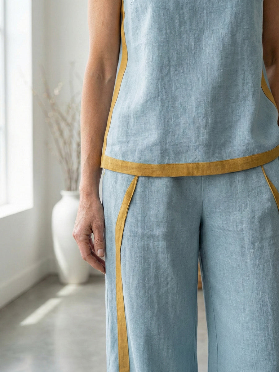 Women's Round Neck Sleeveless Casual Loose Top And High-waisted Loose Wide-leg Pants Cotton And Linen Set